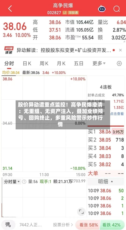 股价异动遭重点监控！高争民爆澄清：无重组、无资产注入	，叠加业绩预亏	、回购终止，多重风险警示炒作行情-第3张图片