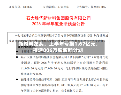 新材料龙头，上半年亏损1.67亿元，推逾806万股激励计划-第2张图片