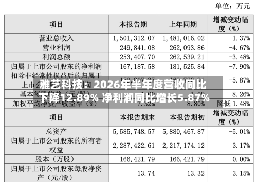 雅艺科技：2026年半年度营收同比下降12.89% 净利润同比增长5.87%