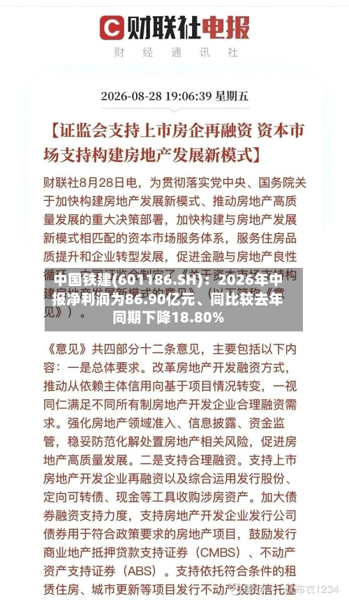 中国铁建(601186.SH)：2026年中报净利润为86.90亿元、同比较去年同期下降18.80%-第2张图片