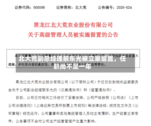 北大荒副总经理黎东光被立案留置，任职尚不足一年