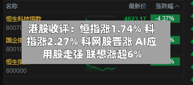 港股收评：恒指涨1.74% 科指涨2.27% 科网股普涨 AI应用股走强 联想涨超6%-第2张图片